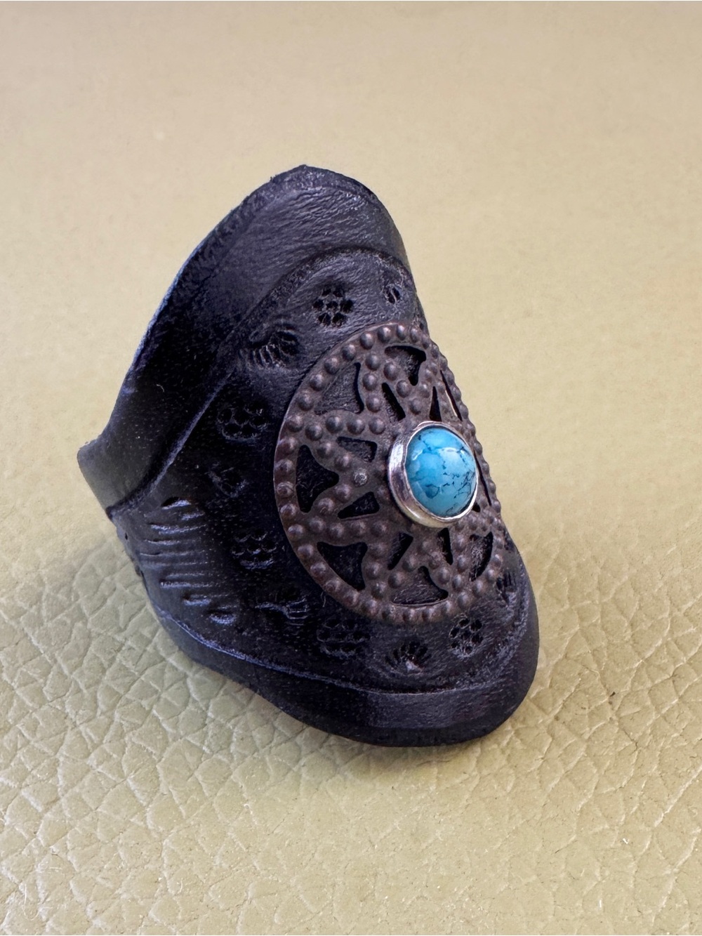 Leather Ring with Turquoise stone, size 7.5-8, made in Joshua Tree, CA